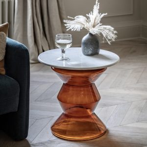 orange glass and marble side table