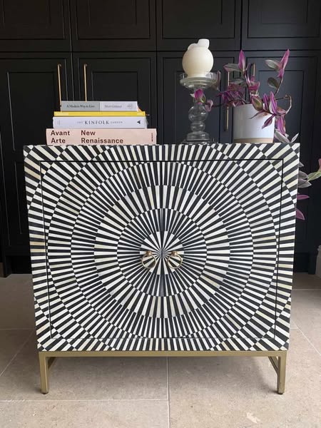 bone inlay black and white cabinet