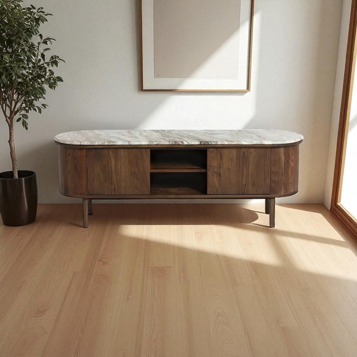 marble and acacia wood media cabinet