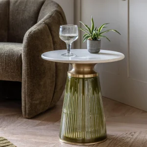 green and white glass and marble side table