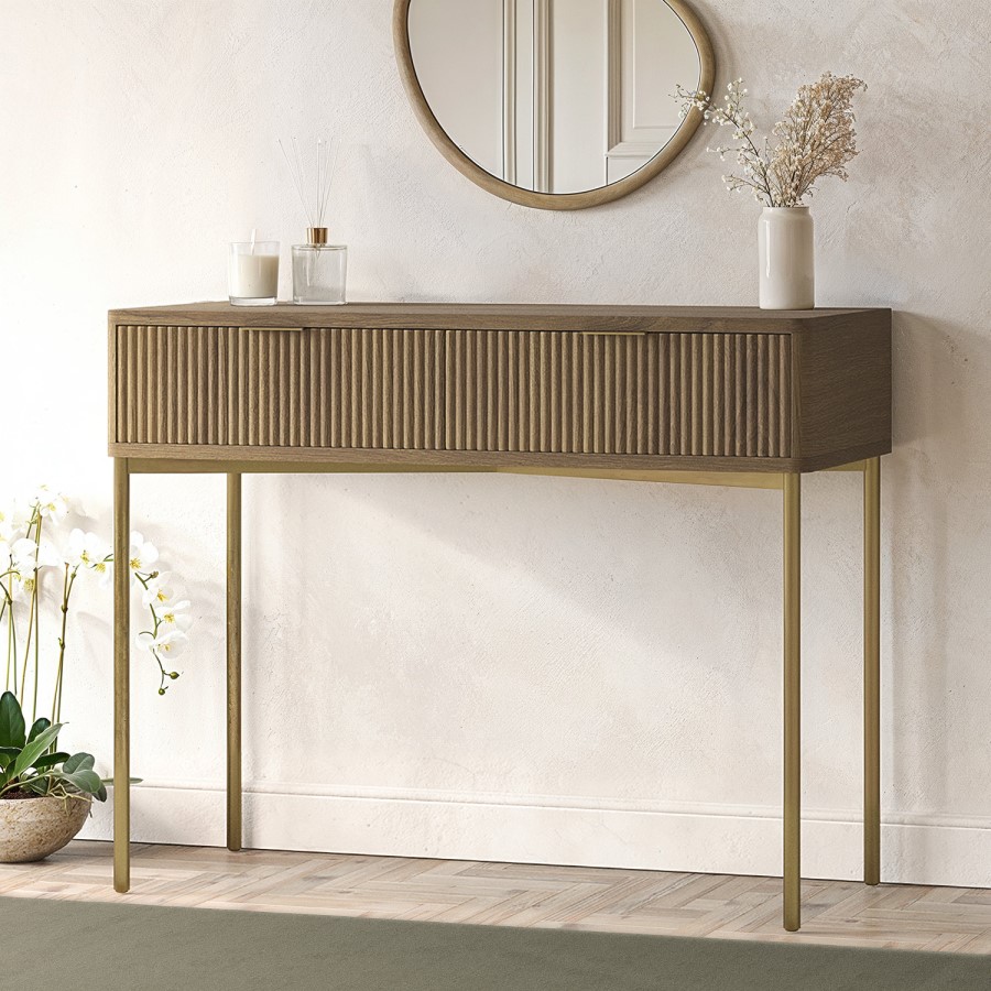 wood-effect dressing table with gold-tone legs