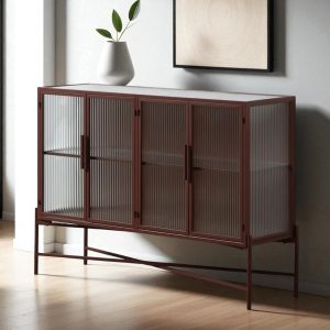 industrial sideboard with metal frame and fluted glass. 4 doors. 2 shelves.