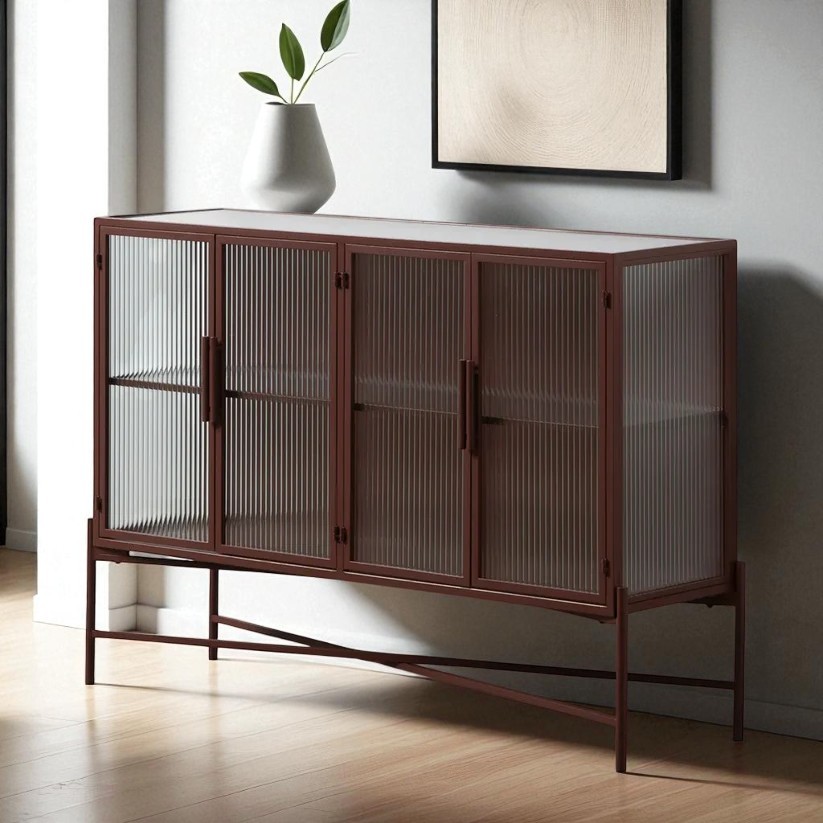industrial sideboard with metal frame and fluted glass. 4 doors. 2 shelves.