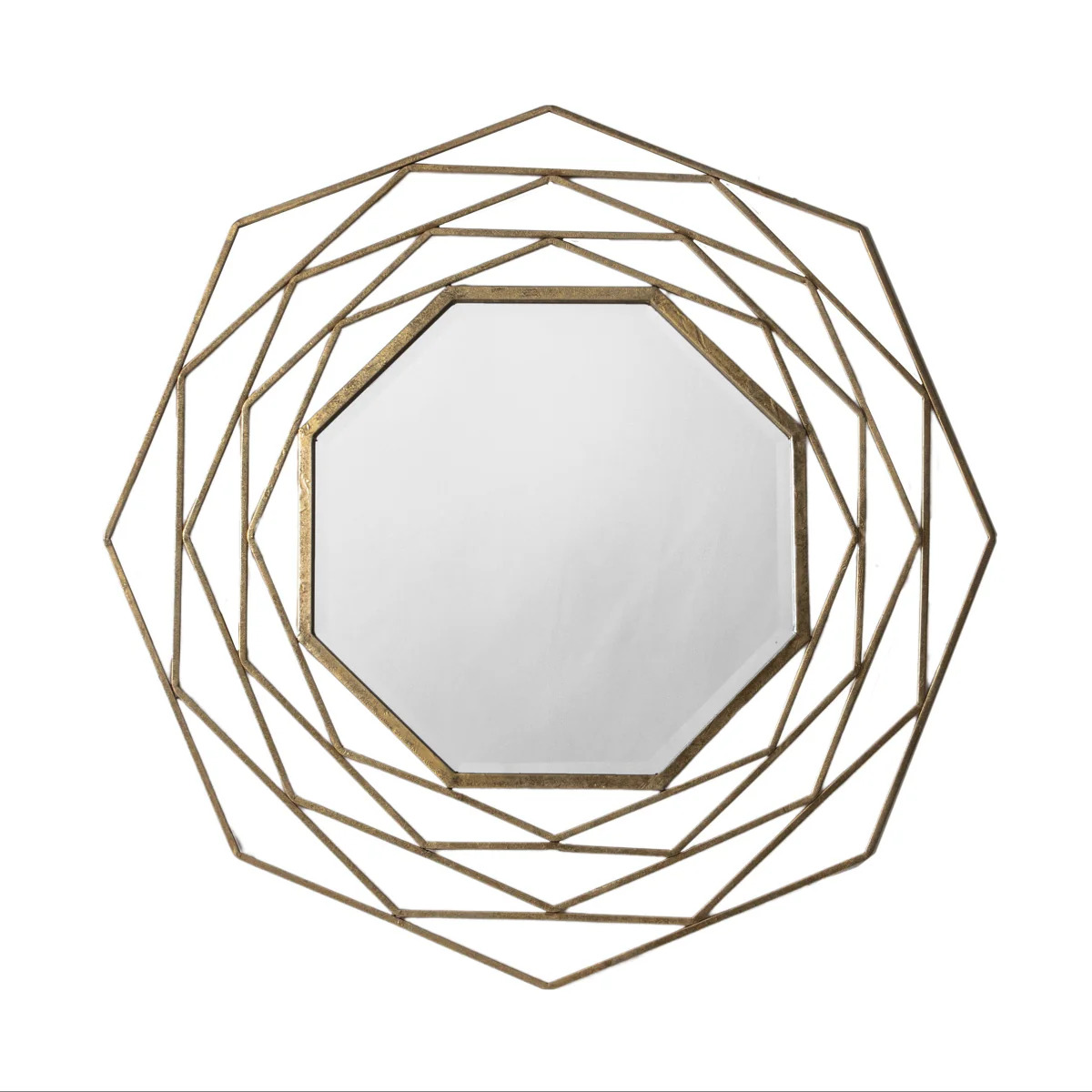 Octagonal wall mirror with gold metal frame and bevelled glass