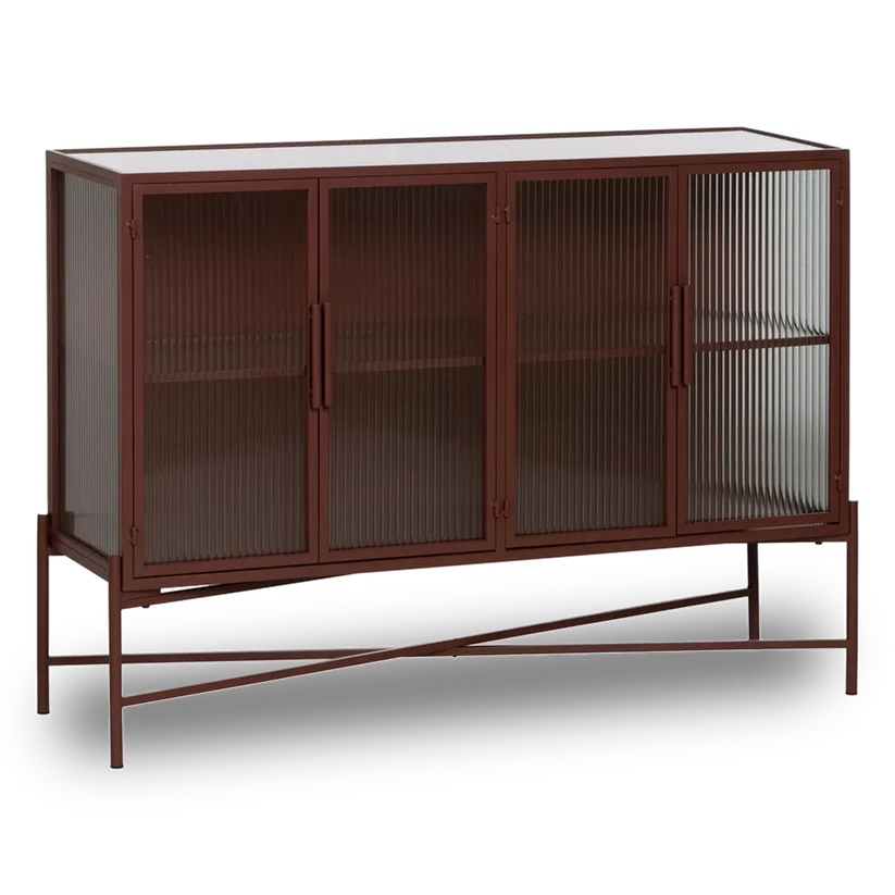 industrial sideboard with metal frame and fluted glass. 4 doors. 2 shelves.
