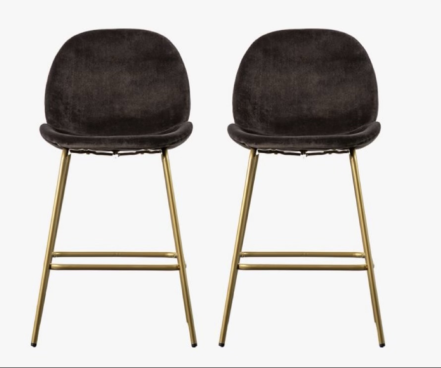 Pair of black velvet bar stools with brass legs