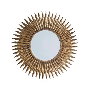 Ornate wall hanging mirror with aged gold finish