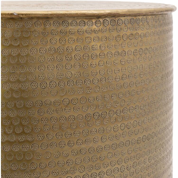 embossed round metal side table antique brass finish