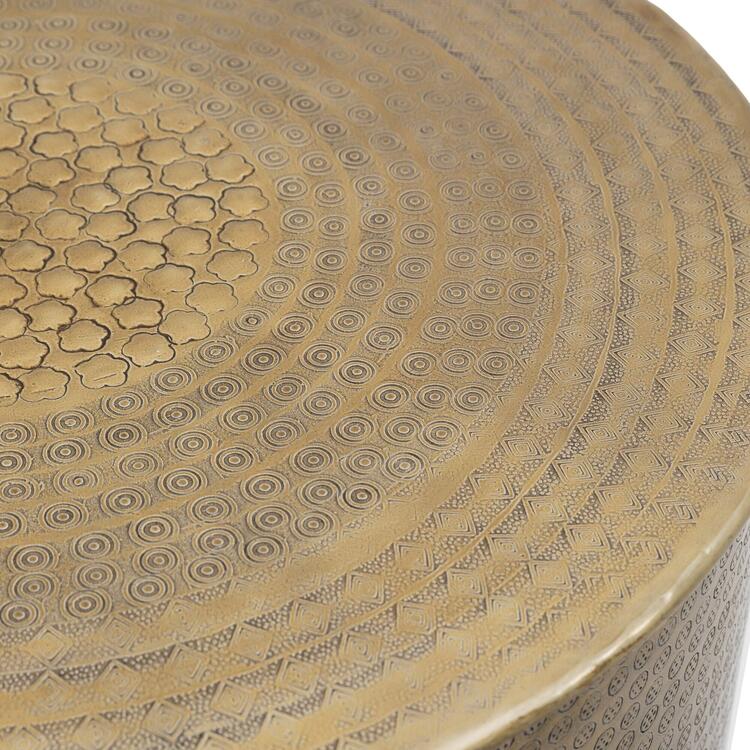 embossed round metal side table antique brass finish