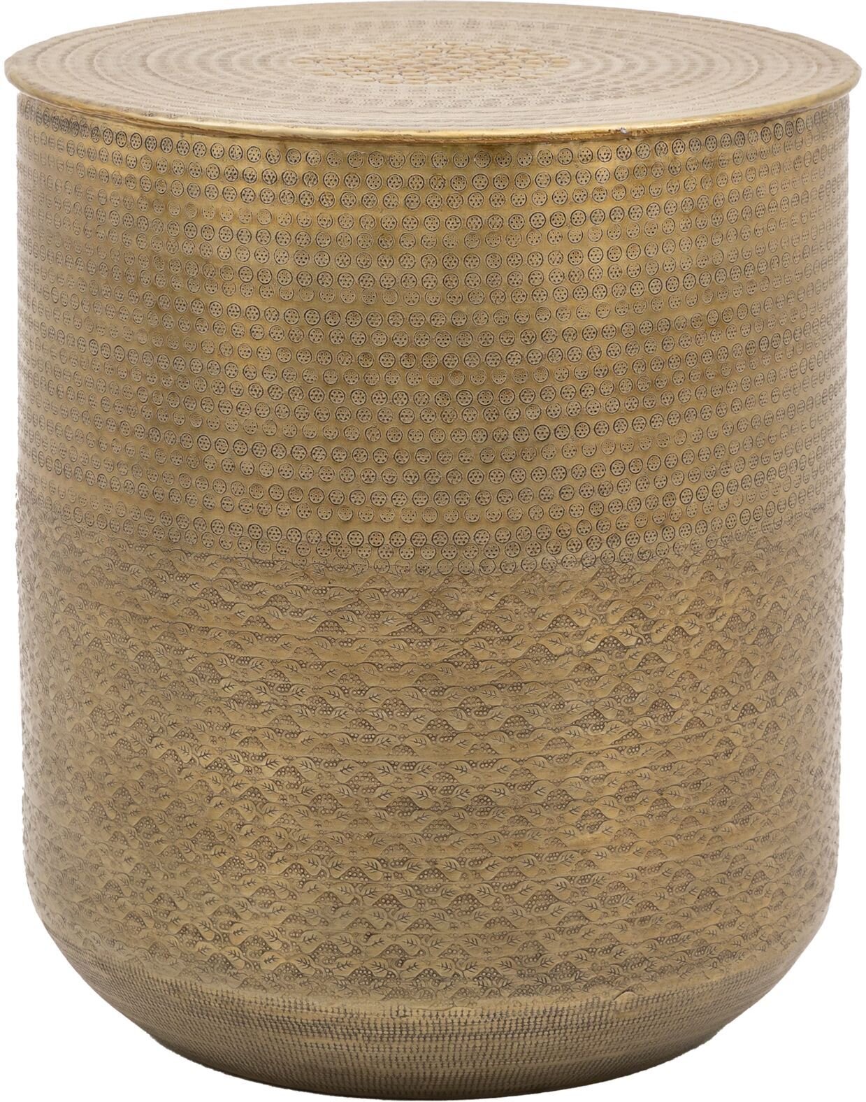 embossed round metal side table antique brass finish