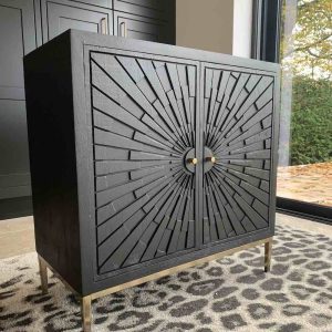 Balance cabinet, mango wood, 2 doors, carved mango, gold finish metal legs