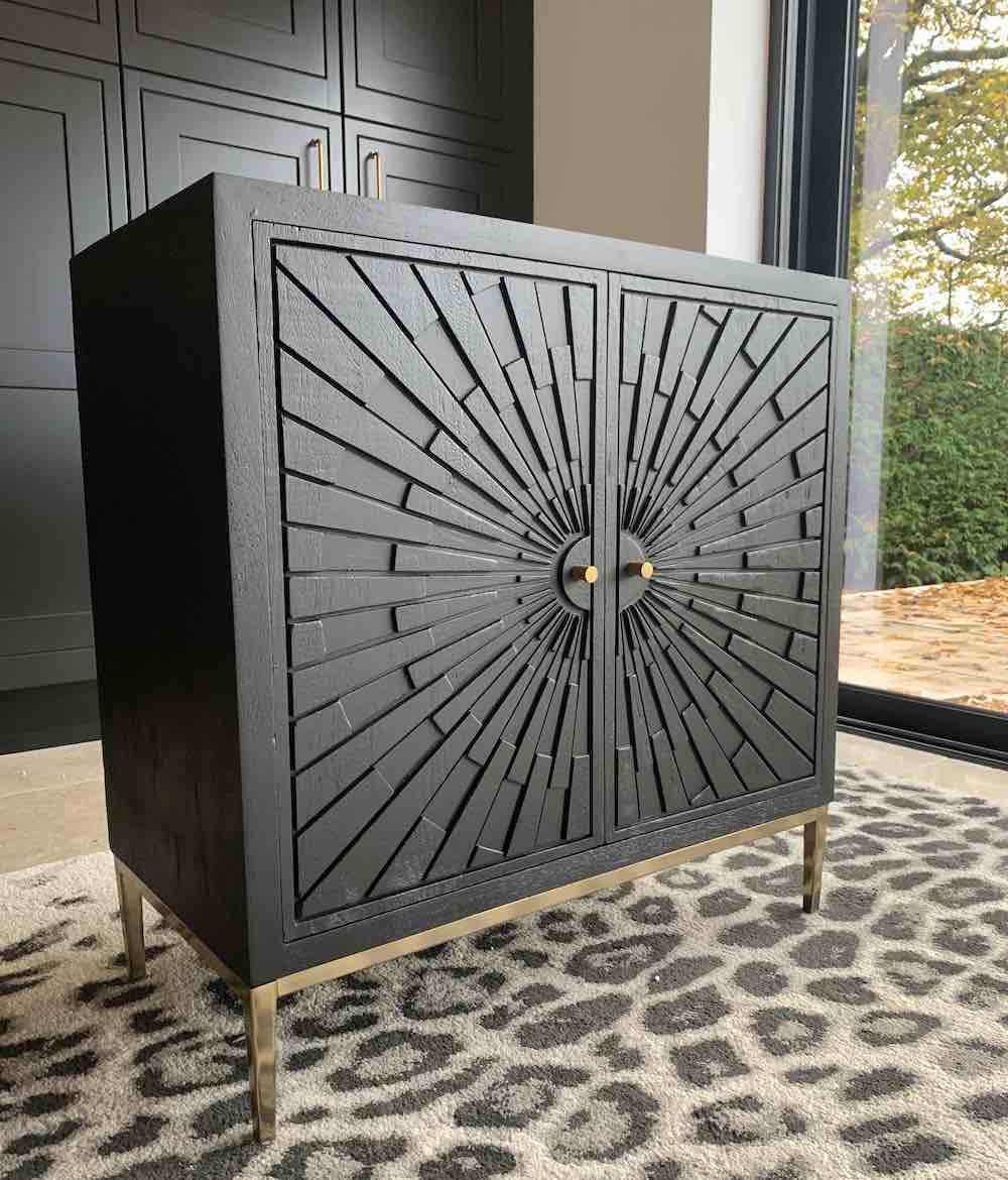 Balance cabinet, mango wood, 2 doors, carved mango, gold finish metal legs