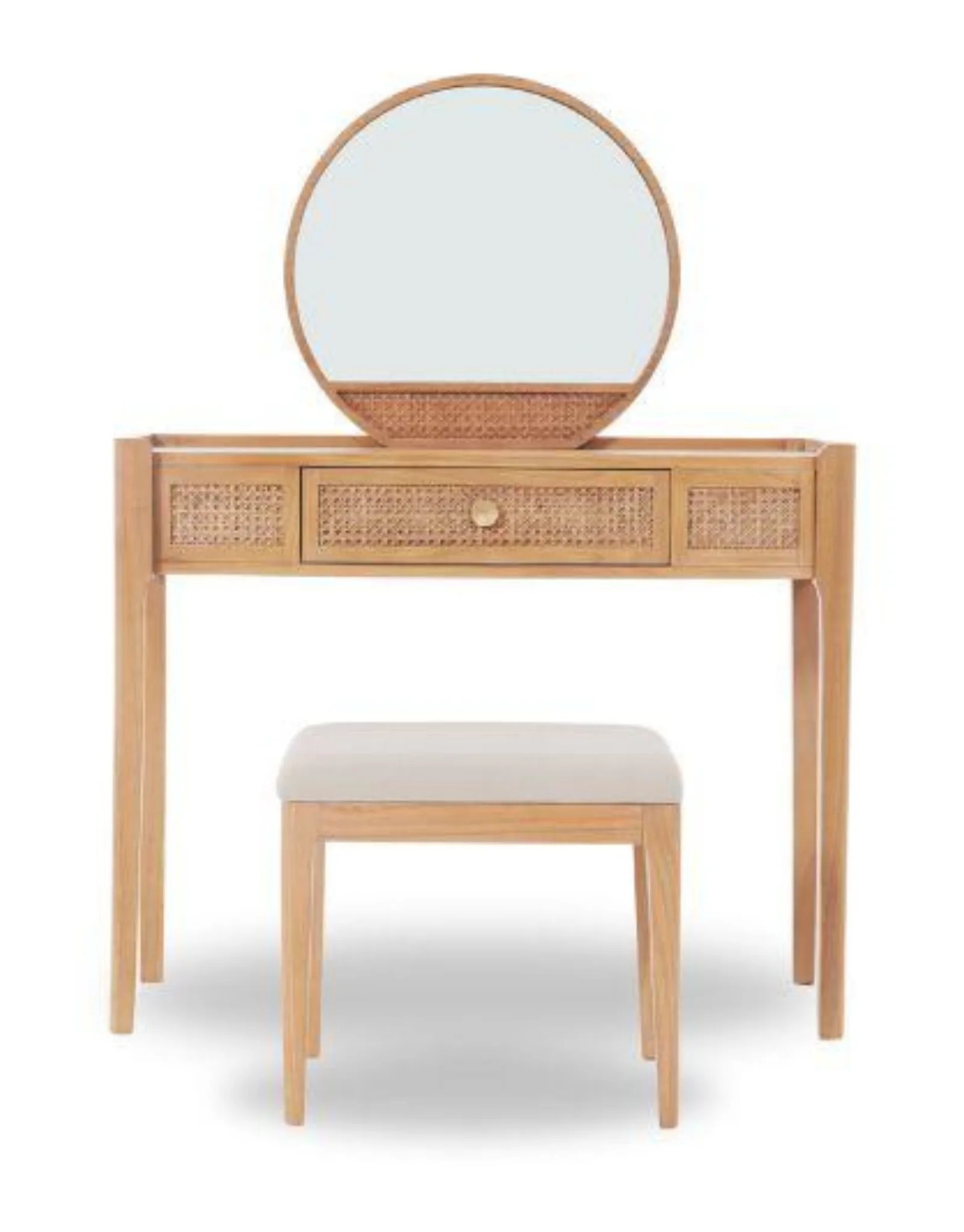 Wood and Rattan Dressing Table, Mirror and Stool