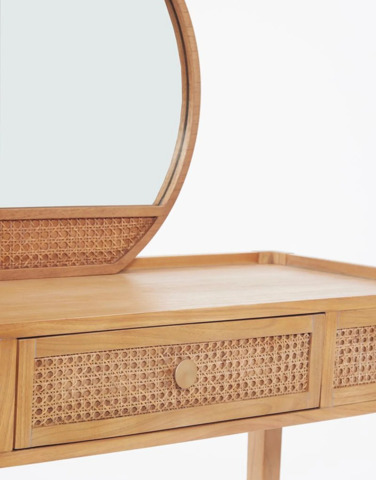 Wood and Rattan Dressing Table, Mirror and Stool