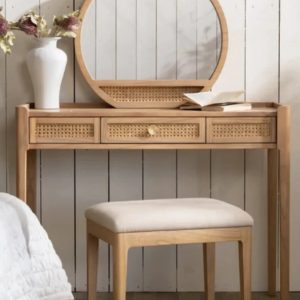 Wood and Rattan Dressing Table, Mirror and Stool