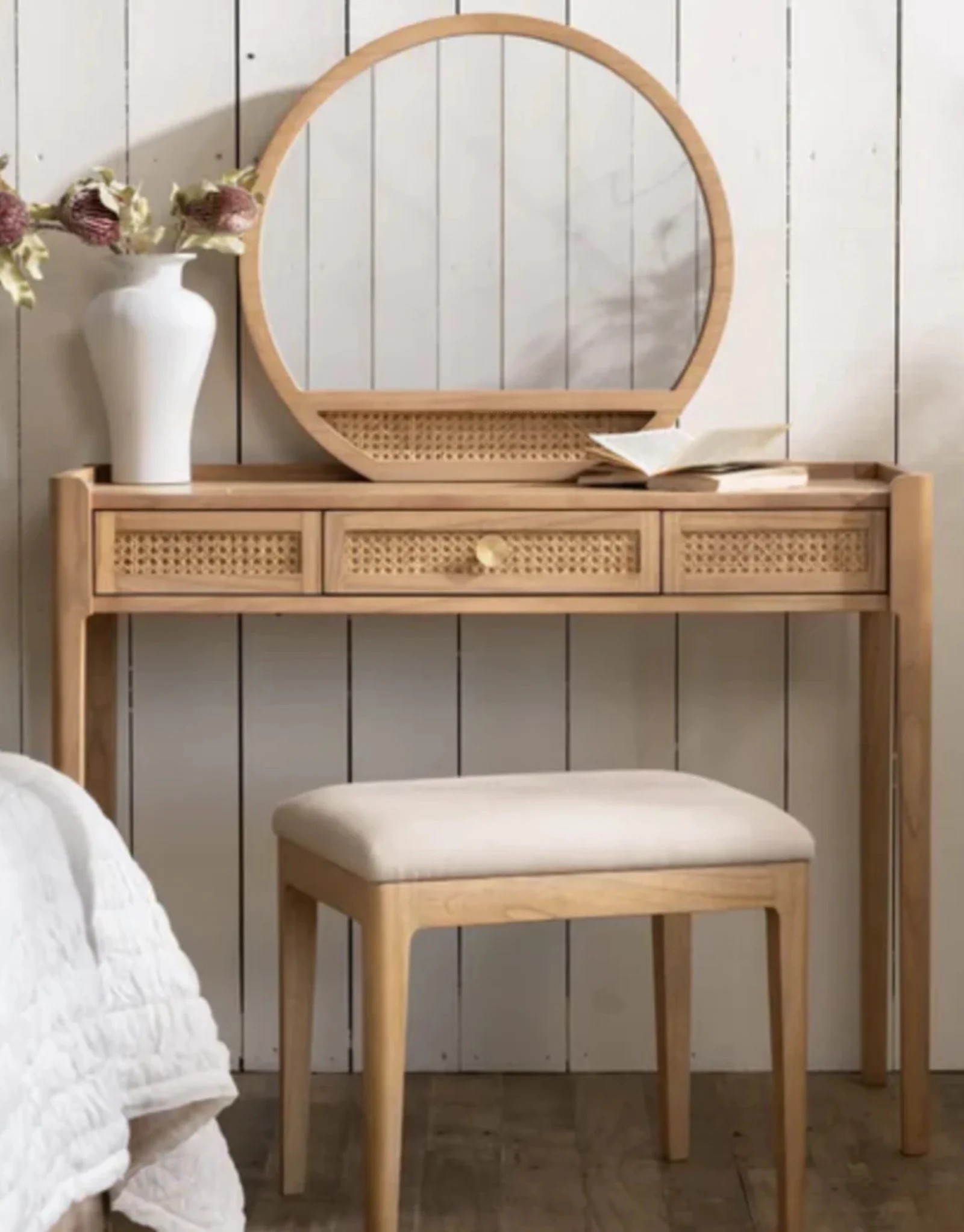 Wood and Rattan Dressing Table, Mirror and Stool