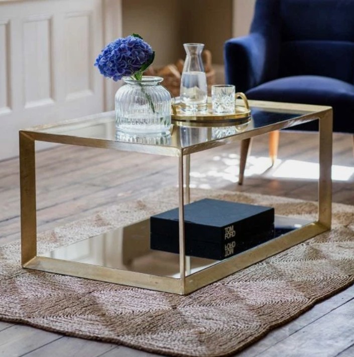Atkin & Thyme Belvedere Coffee Table_1 Glass coffee table with brass frame and mirrored open shelf