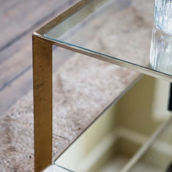 Atkin & Thyme Belvedere Coffee Table_2 Glass coffee table with brass frame and mirrored open shelf