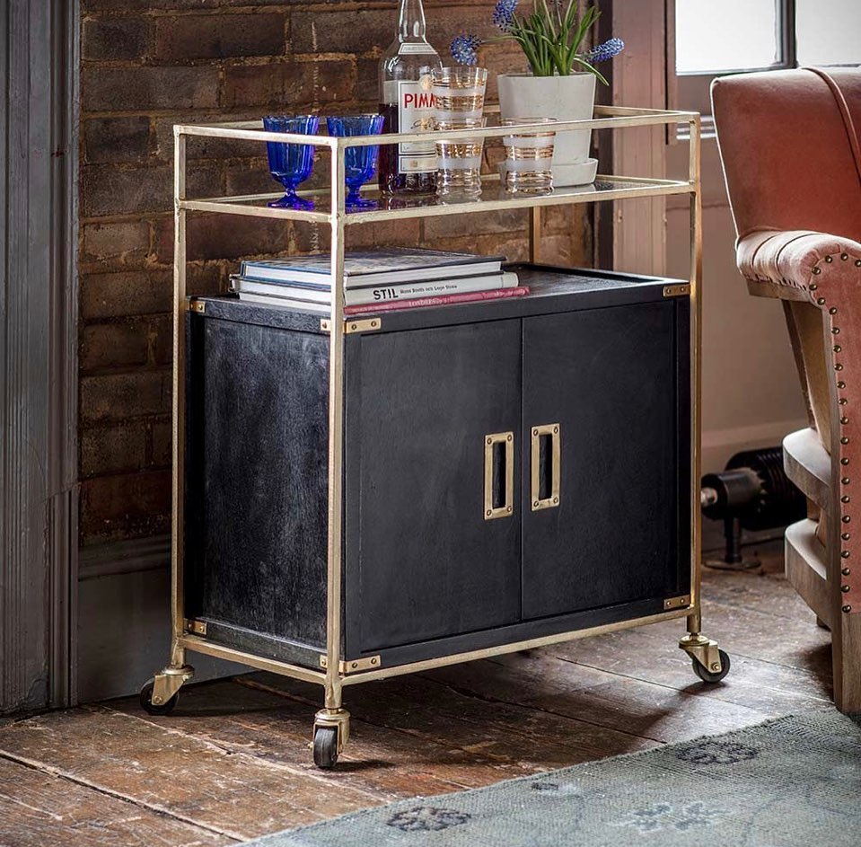Atkin & Thyme_Greenwich Drinks Trolley Drinks cabinet on wheels with brass frame and glass shelf