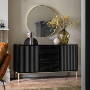 Black and brass sideboard. Two doors, three drawers
