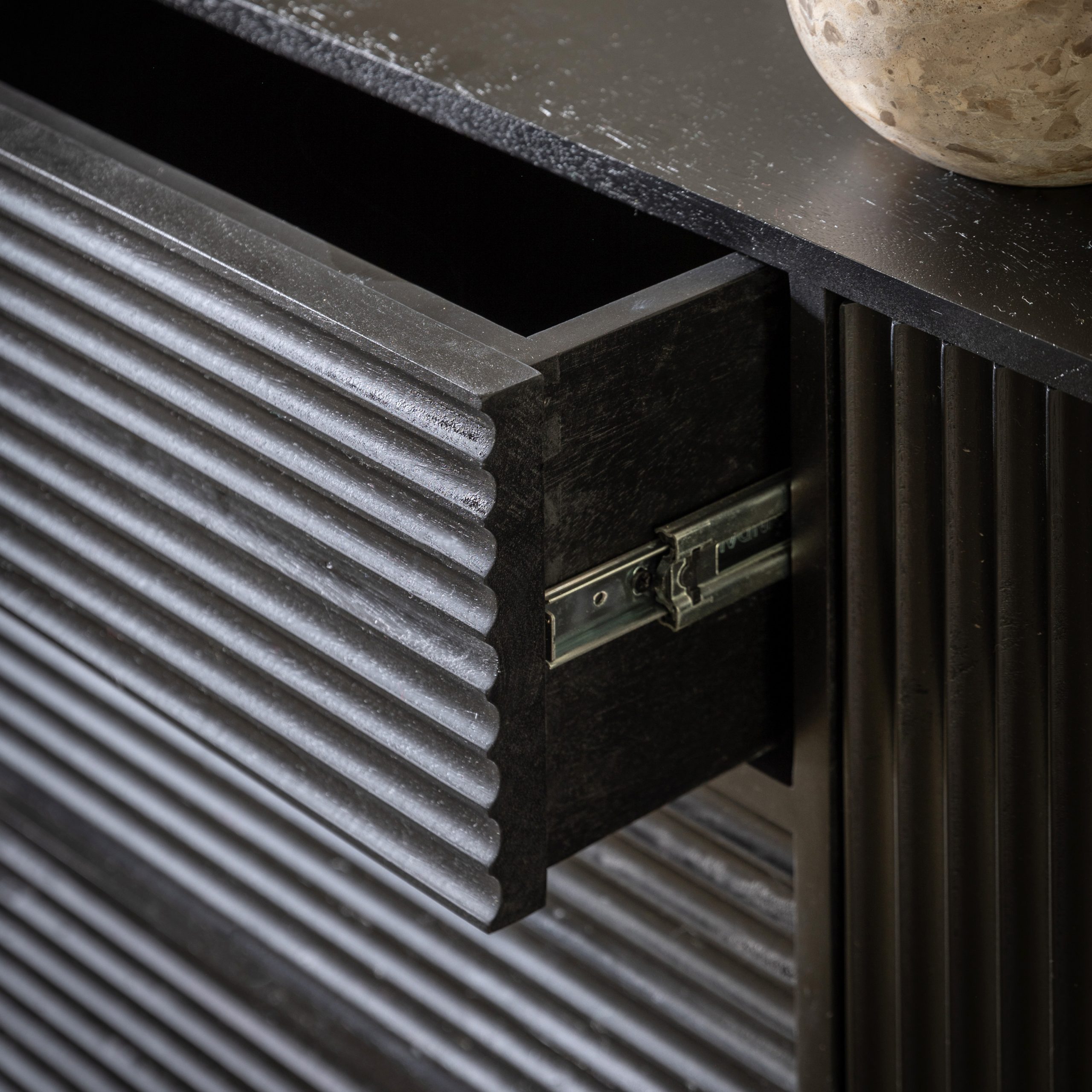 Gallery Direct Black Brass Weaving Cabinet_4 Black and brass sideboard. Two doors, three drawers