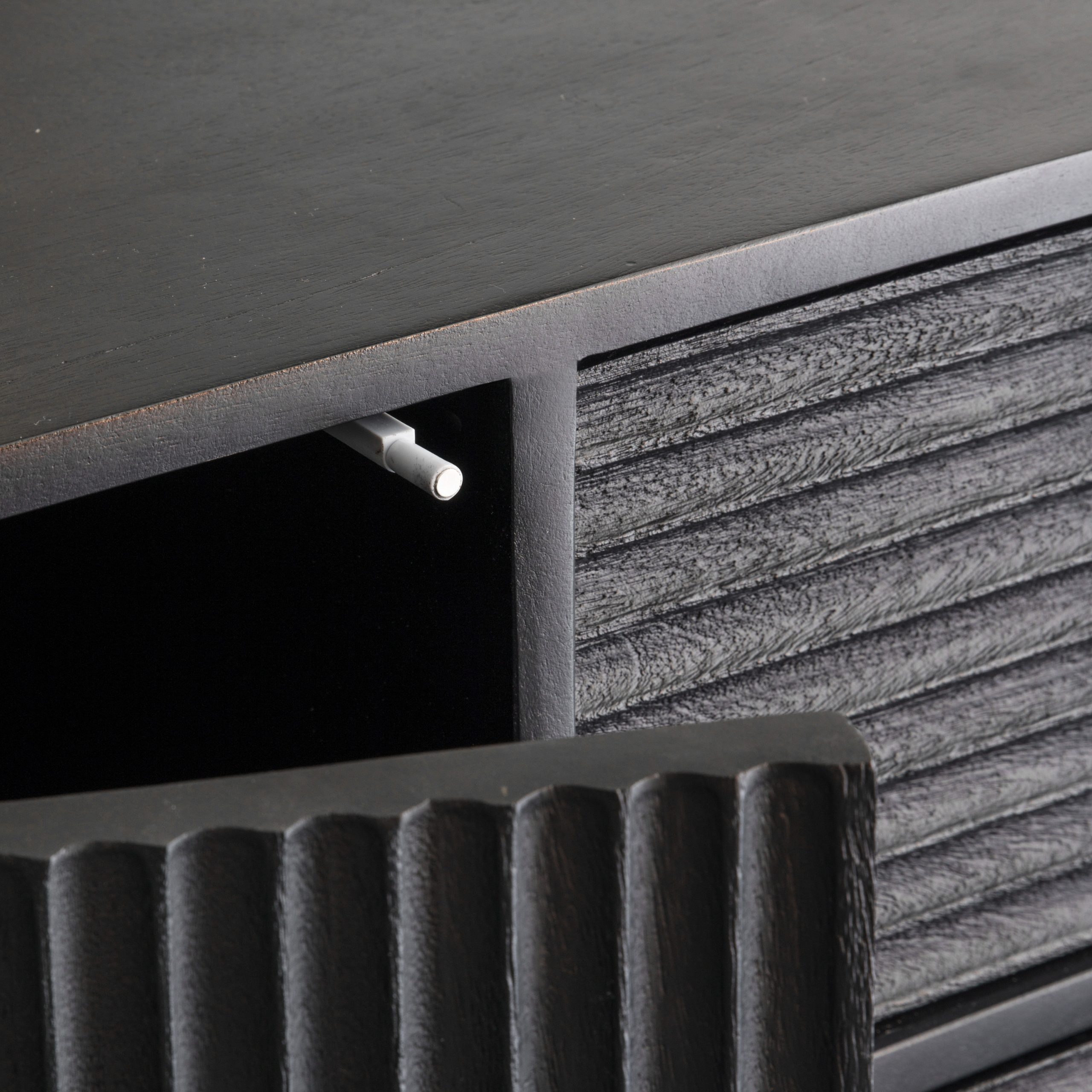 Gallery Direct Black Brass Weaving Cabinet_6 Black and brass sideboard. Two doors, three drawers